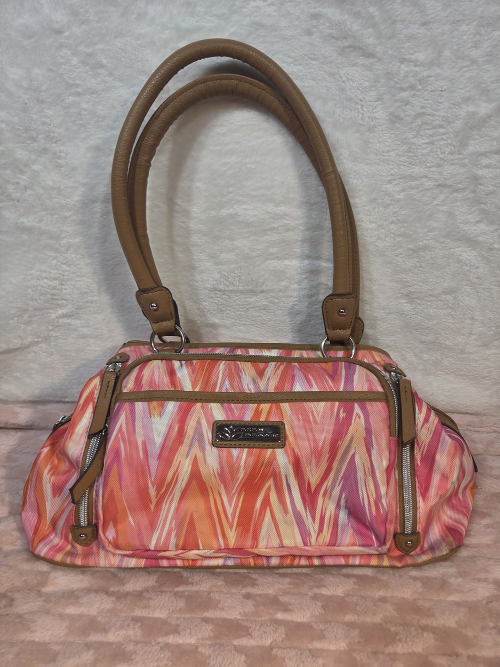 Lily Bloom Pink and Orange Patterned Shoulder Satchel with Tan Handles